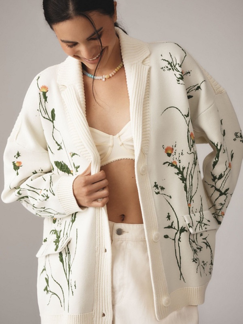 Anthropologie Cream Cardigan with Green and Orange Floral Embroidery - Small